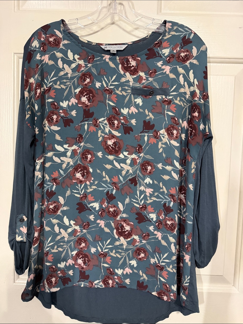 SD Collection Teal Floral Long-Sleeve Blouse with Rose Print